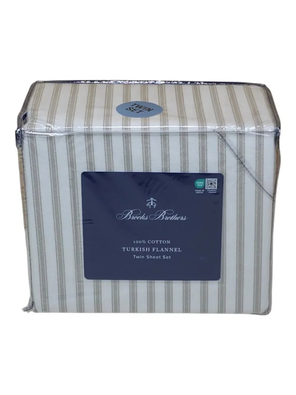 Brooks Brothers Turkish Flannel Twin Sheet Set 100% Cotton Striped Beige